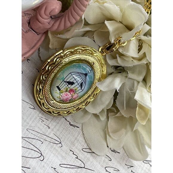 Bright Gold Bird Cage Victorian Locket Necklace Pendant Wedding Mother's day - Picture 6 of 15